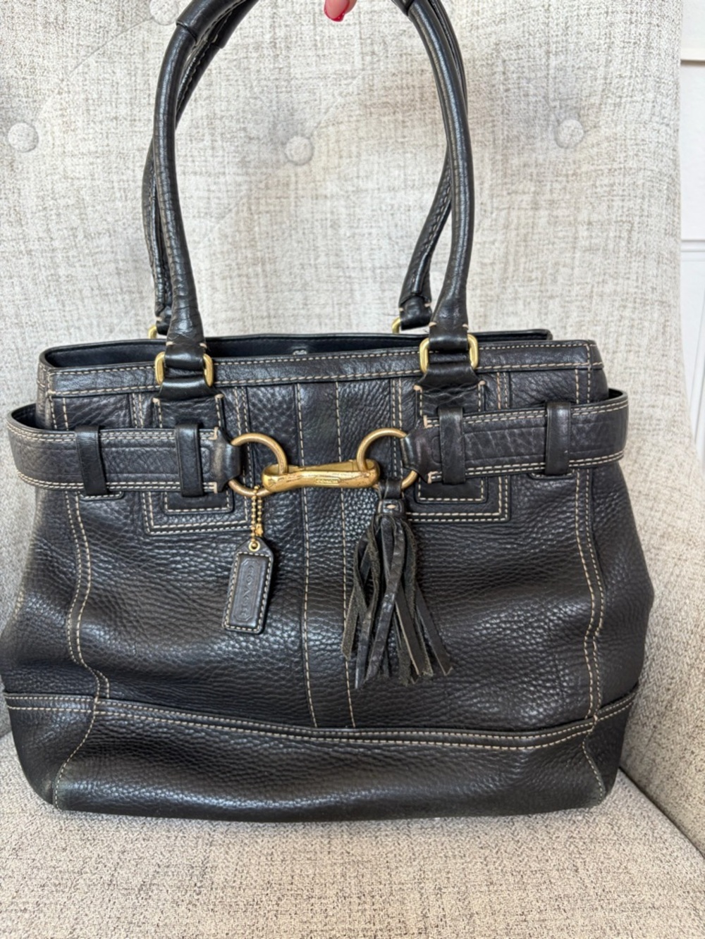 Coach Black Pebbled Leather Tote with Tassel and Horsebit Hardware